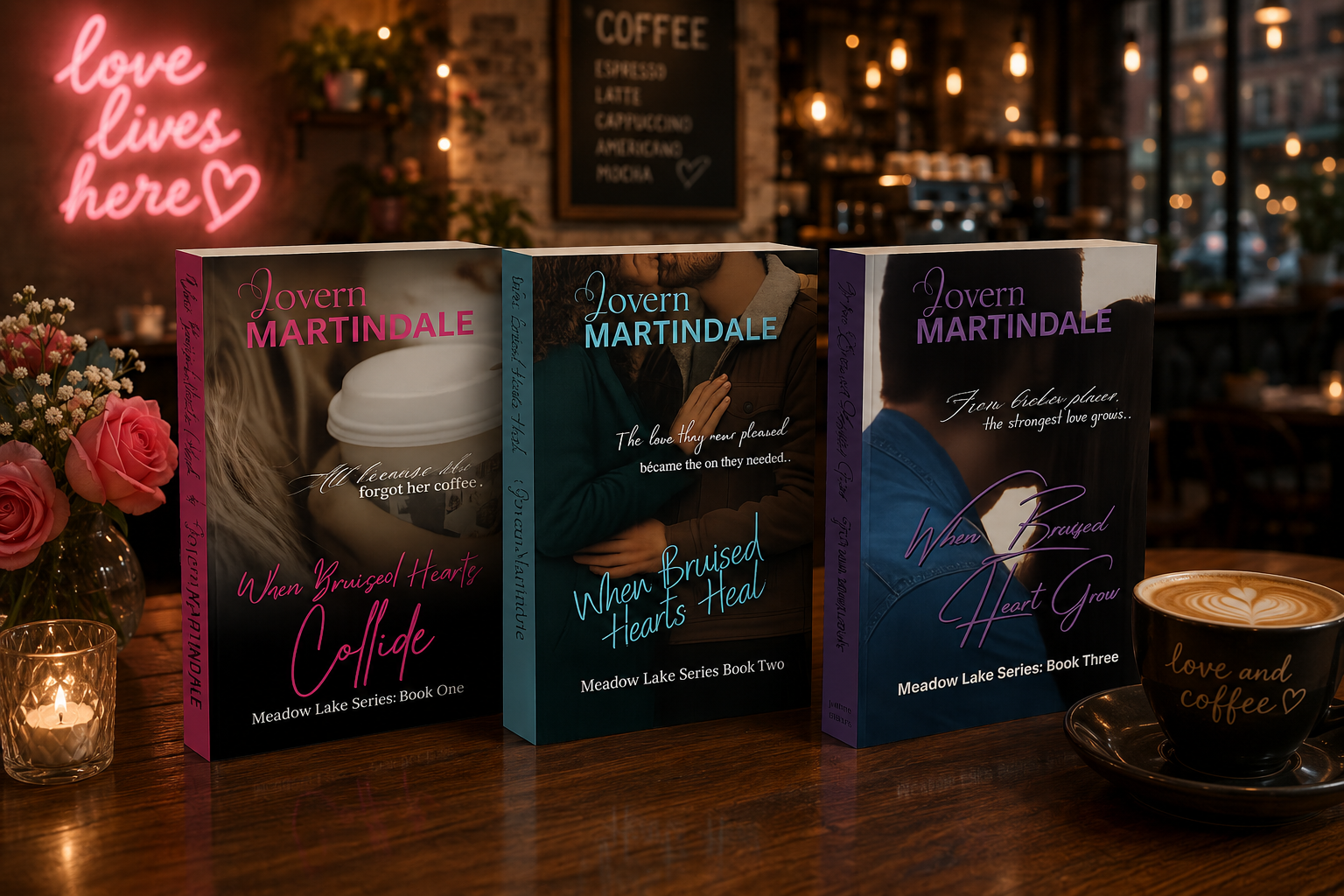 Meadow Lake series books displayed in a coffee shop